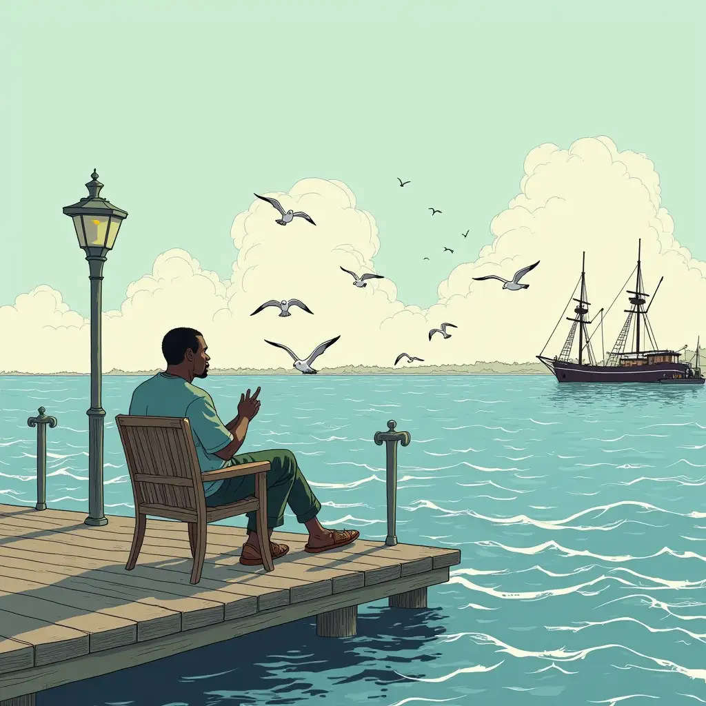 illustration of otis redding wasting time on a dock watching the sea and seagulls, 