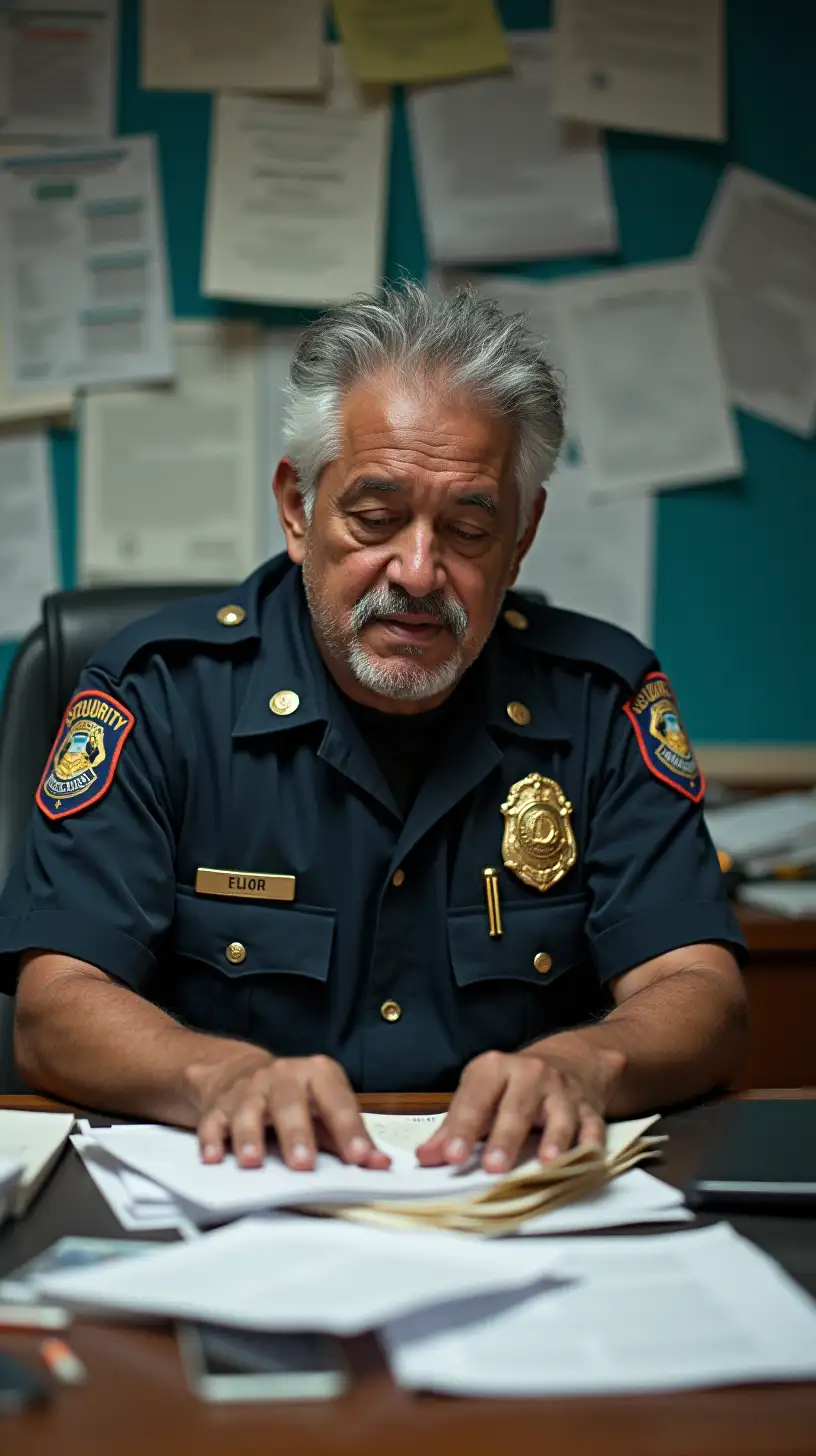 Distressed Latino Security Guard Managing Paperwork at Desk