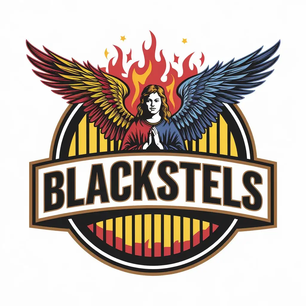 LOGO Design for BLACKSTELS Bold Angel Symbol with Fire Elements in a Circular Design