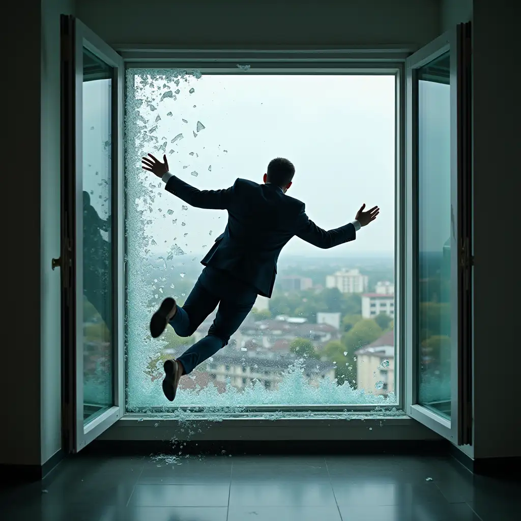 Businessman flying through the window breaking the glass on the window, realistic, soft lighting, no distortion