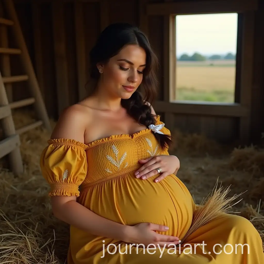 Pregnant-Woman-Resting-in-Rustic-Village-Barn-with-Soft-Lighting