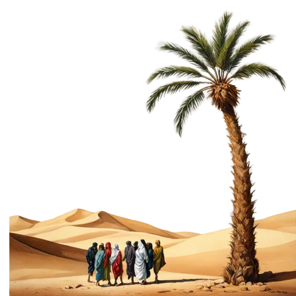 HighQuality-PNG-Image-Oil-Painting-of-a-Palm-Tree-in-the-Desert-with-People-Wearing-Djellabas-and-Camel-Carrying-Goods