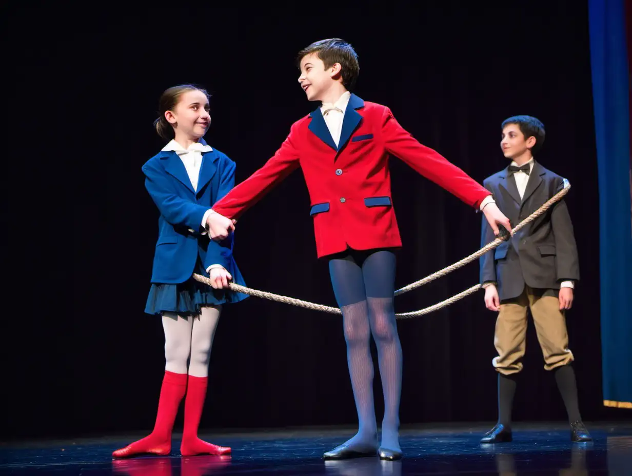 13-year-old boy plays with his classmate in school theater production 'Robbers'. Boy in ballet tights, red netted knee-highs, blue blazer, hands behind back, smiling, shoulder length thin hair; other boy stands behind him with a rope in hand