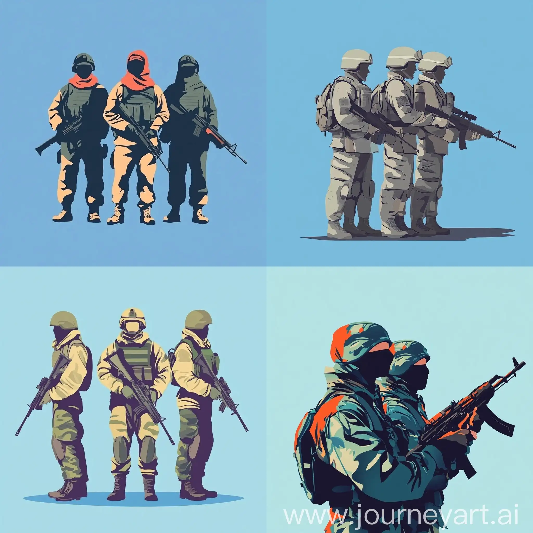 Minimalistic-Vector-Illustration-of-Almazostan-Soldiers-in-Military-Equipment-on-Blue-Background