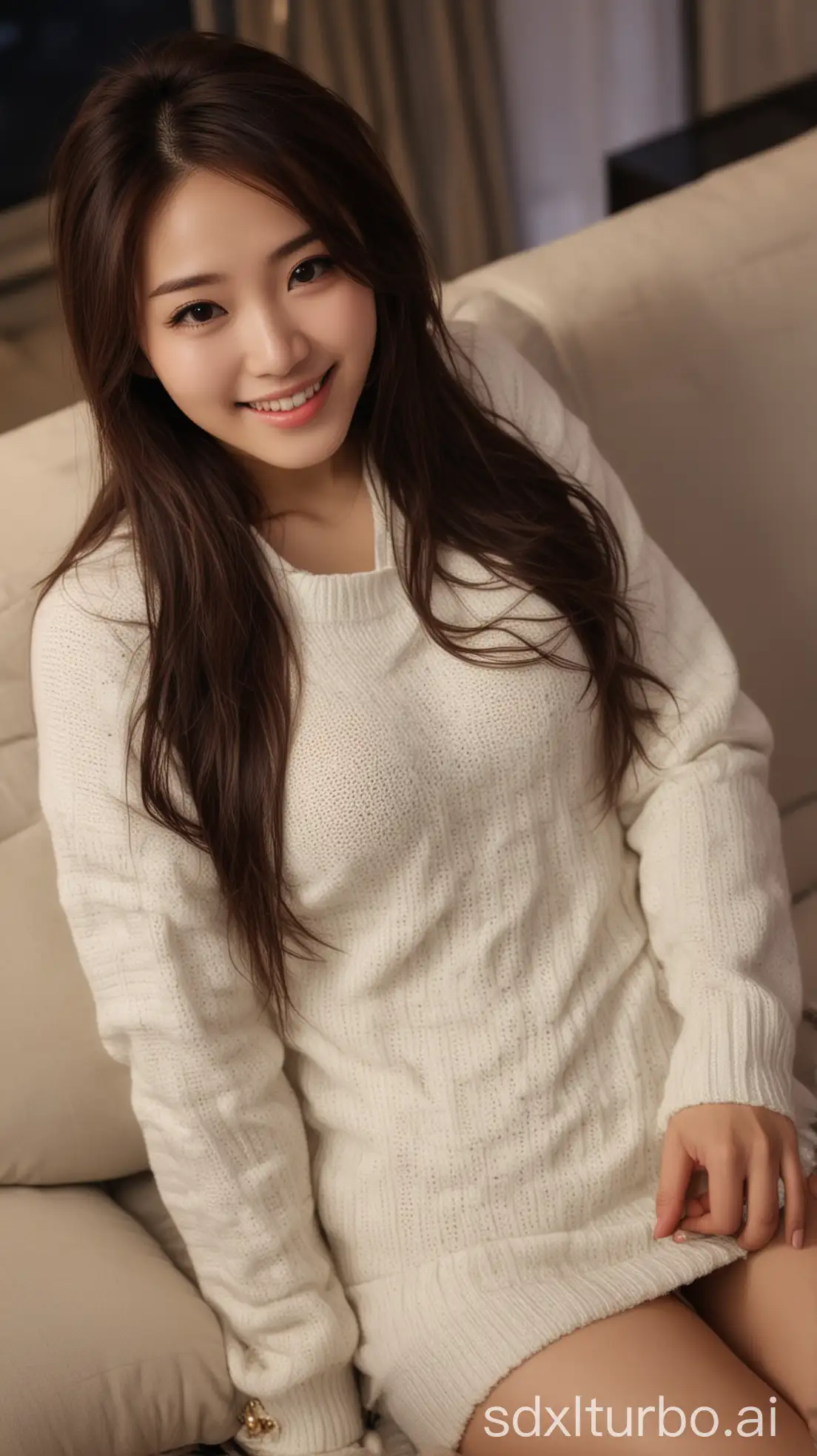 Chinese-Beauty-with-Sexy-Smile-in-Winter-Night-Setting-on-Sofa