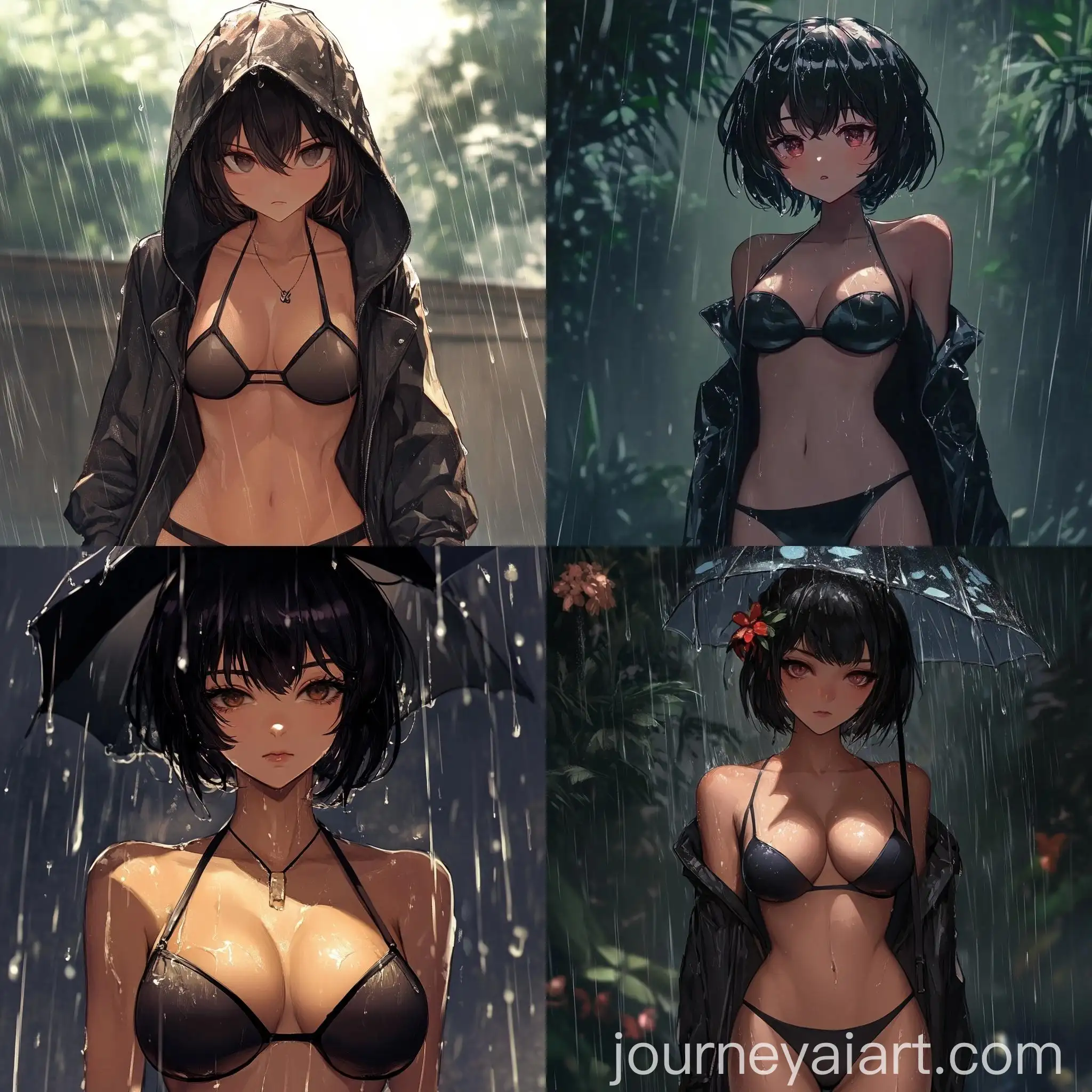 Anime-Girl-in-Black-Bikini-and-Raincoat-with-Short-Hair