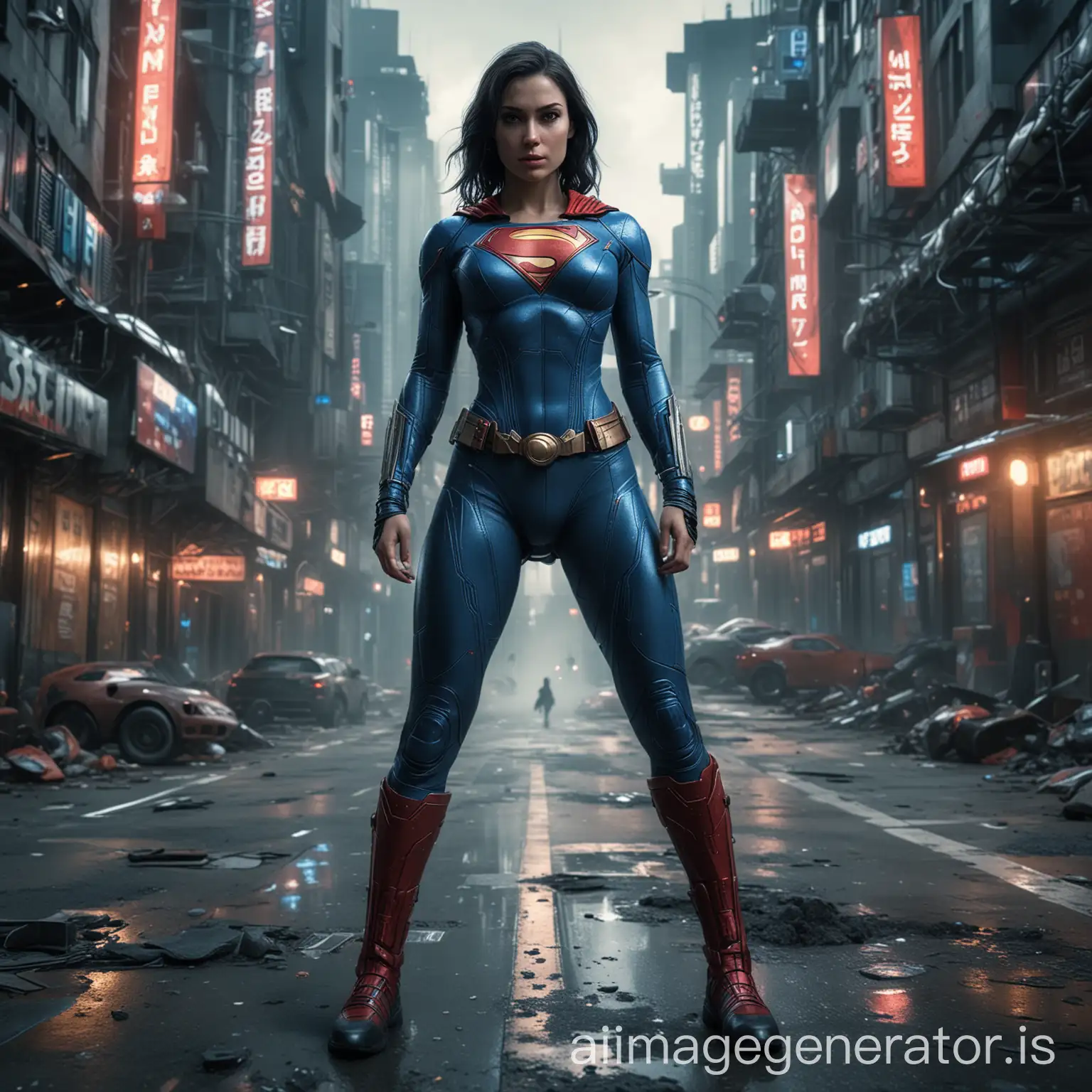 woman in superman suit, serious face, full body from feet to head, 8k photography, high resolution, in cyberpunk city