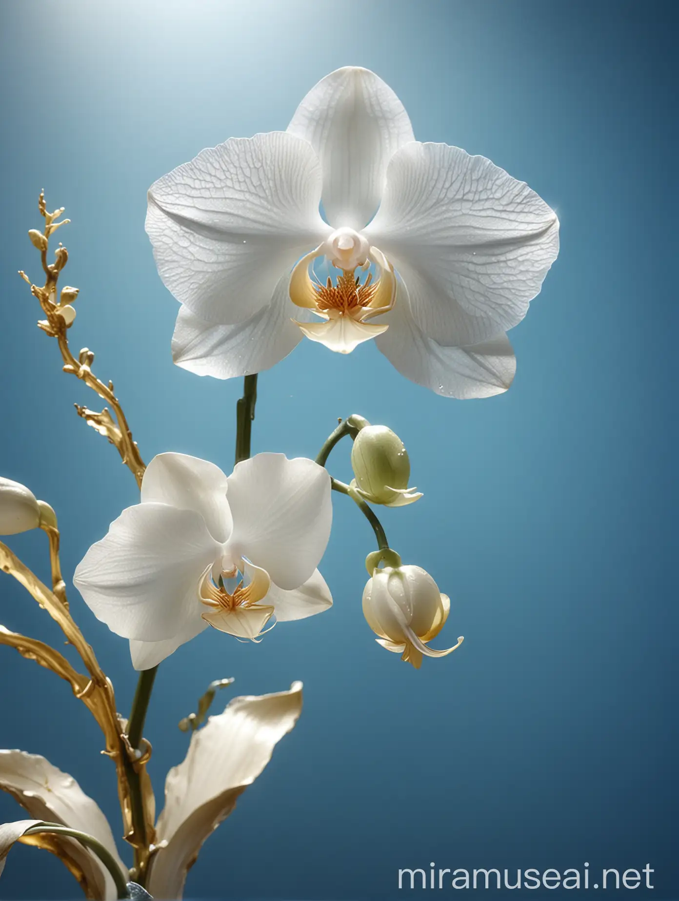 Ethereal White Orchid in Blue Background with Golden Wave Photon Effect