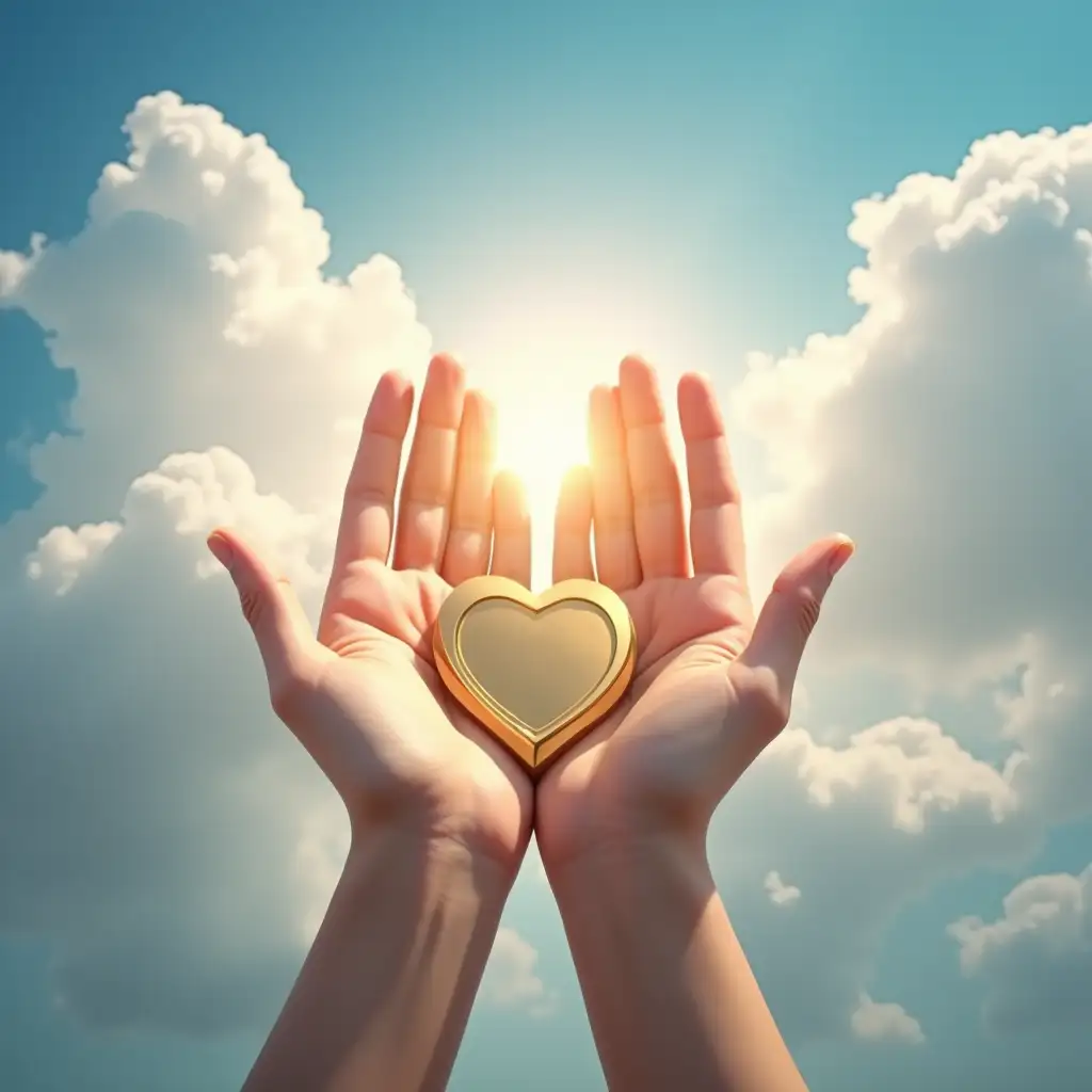 An image of the sky with fluffy clouds and two divine hands, where God's hands are beautiful and holding a medal in the shape of a heart,