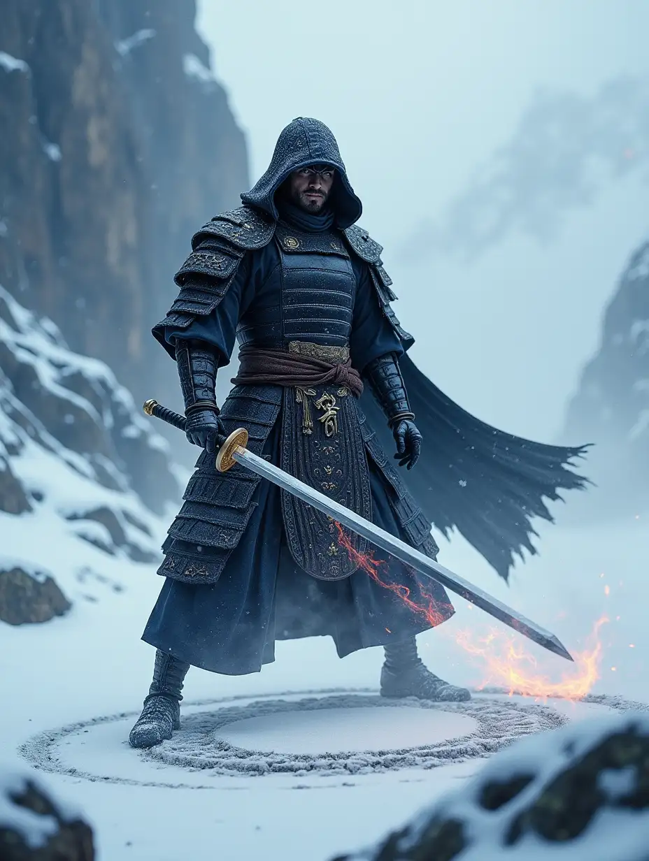 A fierce blizzard engulfs a craggy mountain peak, slow crystalline flakes swirling in the frigid air. A mystical samurai warrior, clad in obsidian armor etched with ancient runes, assumes a menacing stance. With precise movements, he draws a perfect circle in the deep snow using his katana, its edge glowing crimson-hot, melting ice into hissing steam. The warrior's determined eyes gleam beneath his black hood.