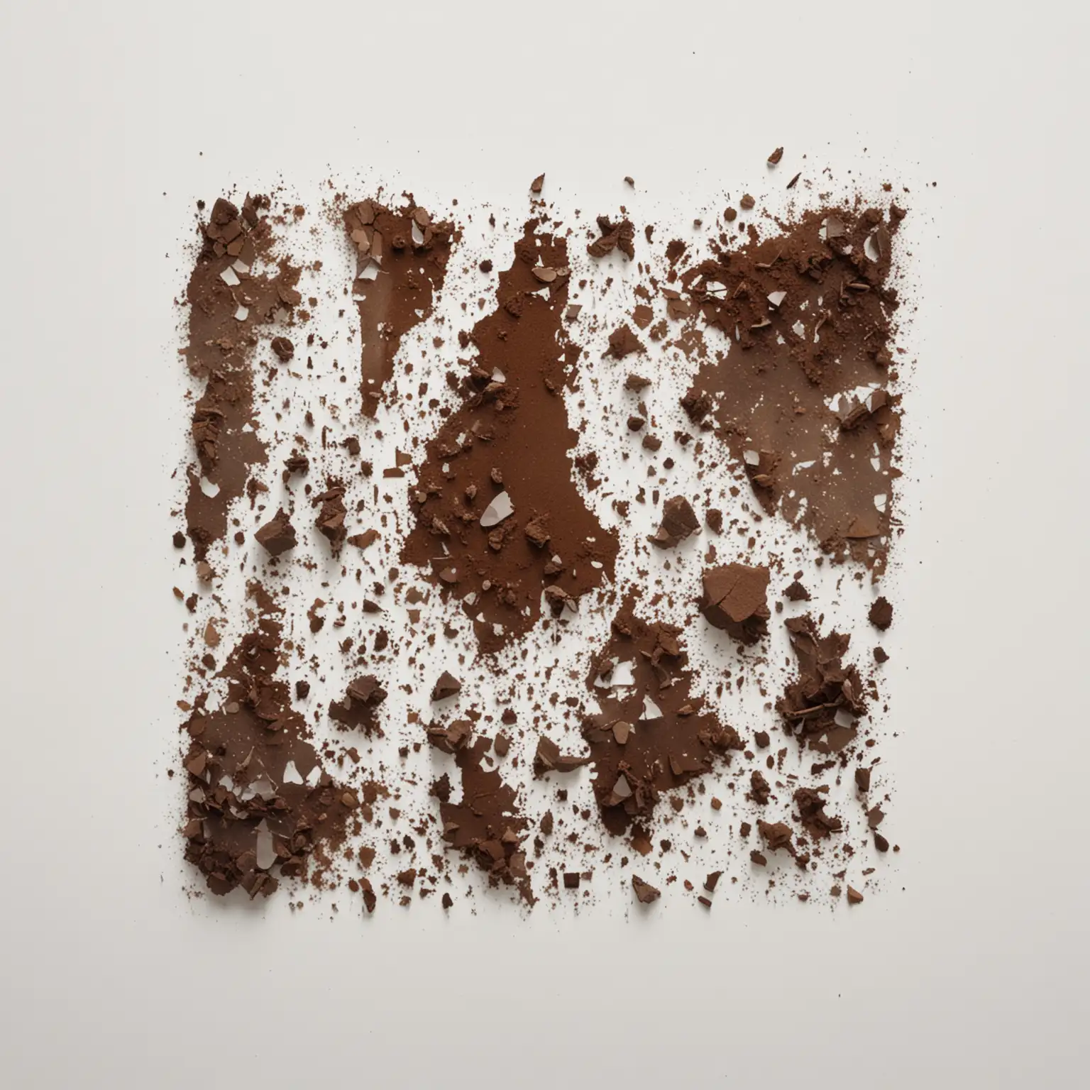 view strictly from above: a thin layer of dark brown pigment, scattered randomly. Large and small fragments. White background.