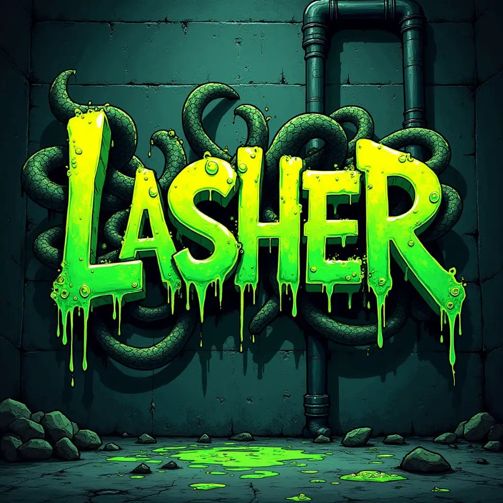 Lasher typography in a bold, venomous style with slime-dripping, neon-green letters entangled in twisting tendrils, set against an urban backdrop of concrete walls and broken pipes, atmosphere filled with tension and darkness, Graffiti-inspired artwork with gritty texture and vibrant color pops, --ar 1:1 --v 5