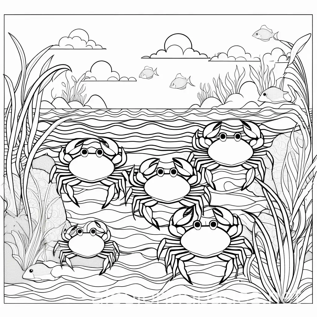 bold and easy crabs under the sea coloring page, Coloring Page, black and white, line art, white background, Simplicity, Ample White Space. The background of the coloring page is plain white to make it easy for young children to color within the lines. The outlines of all the subjects are easy to distinguish, making it simple for kids to color without too much difficulty