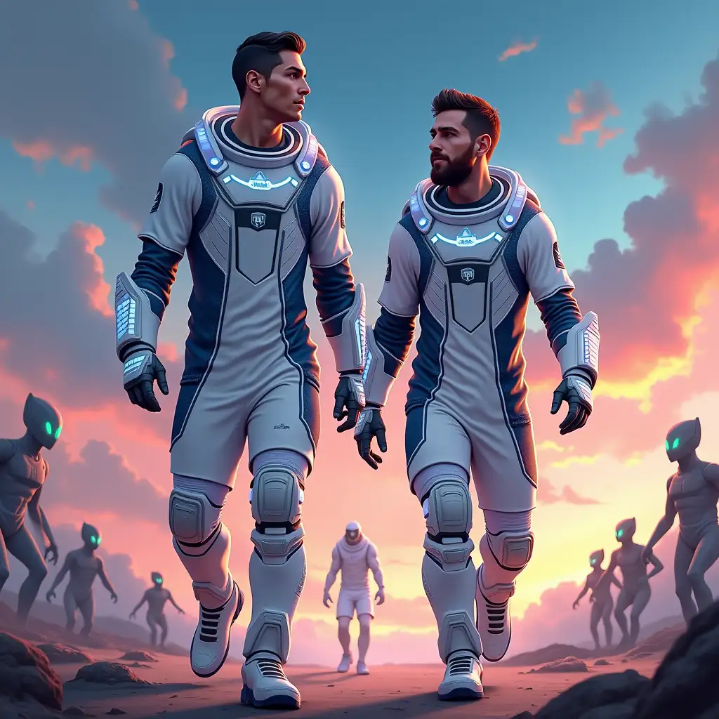 Cristiano-Ronaldo-and-Lionel-Messi-as-Futuristic-Astronauts-Exploring-Alien-World