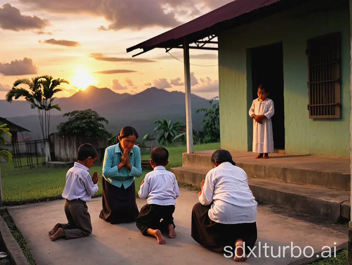 Teodora Alonso, Rizal’s mother, gathering her children around the house at twilight. The family kneels in prayer as the sun sets.