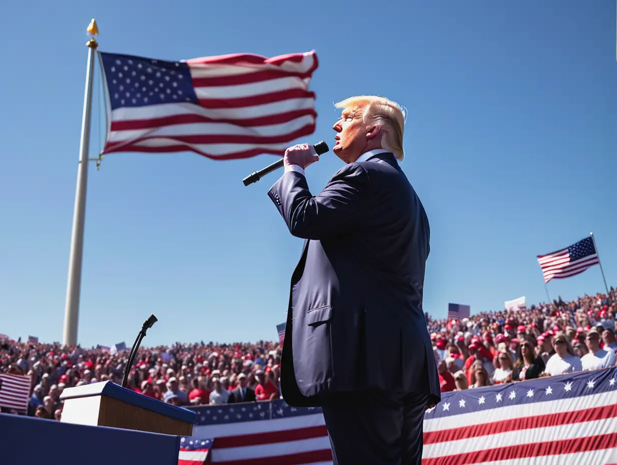Donald Trump at a political rally / american flag behind him/ Angel far above him// over all a glowing picture / in bright daylight / blue sky /perfect day