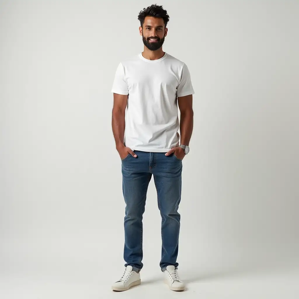 Mens casual wear jeans and tshirt front view