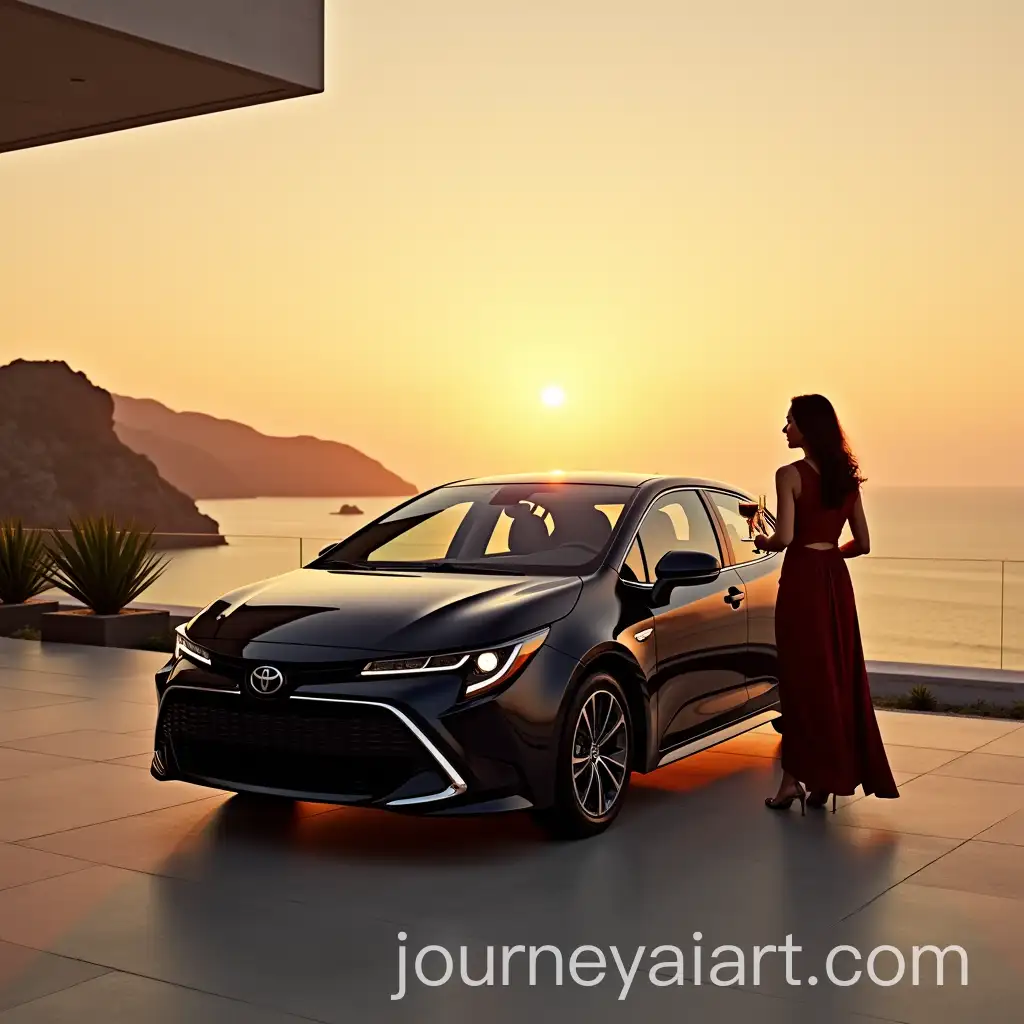 Luxury-2024-Toyota-Corolla-in-Front-of-Cliffside-Villa-at-Golden-Hour-with-Elegant-Couple