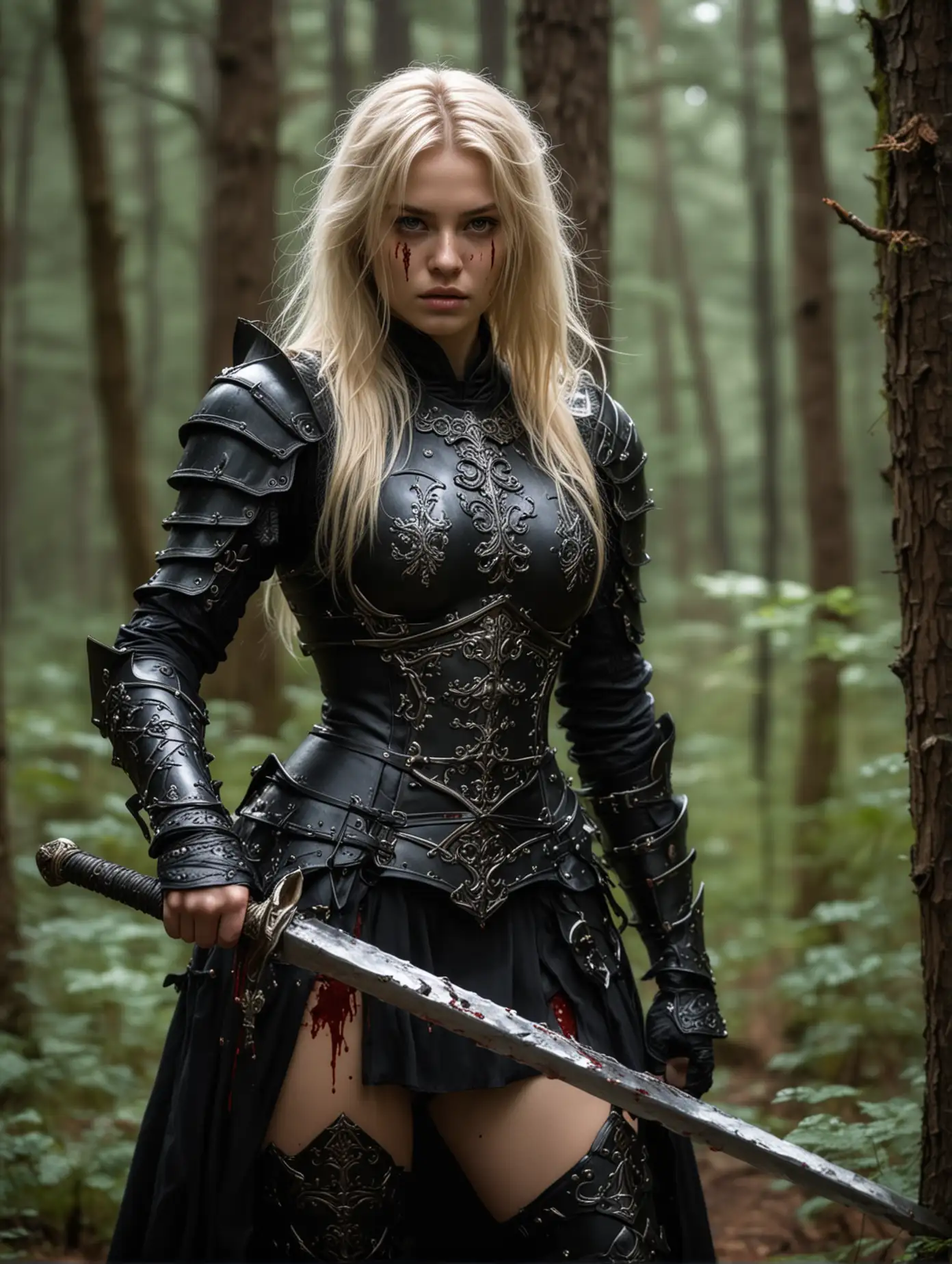 Blonde-Fantasy-Warrior-in-Forest-Battling-with-Sword