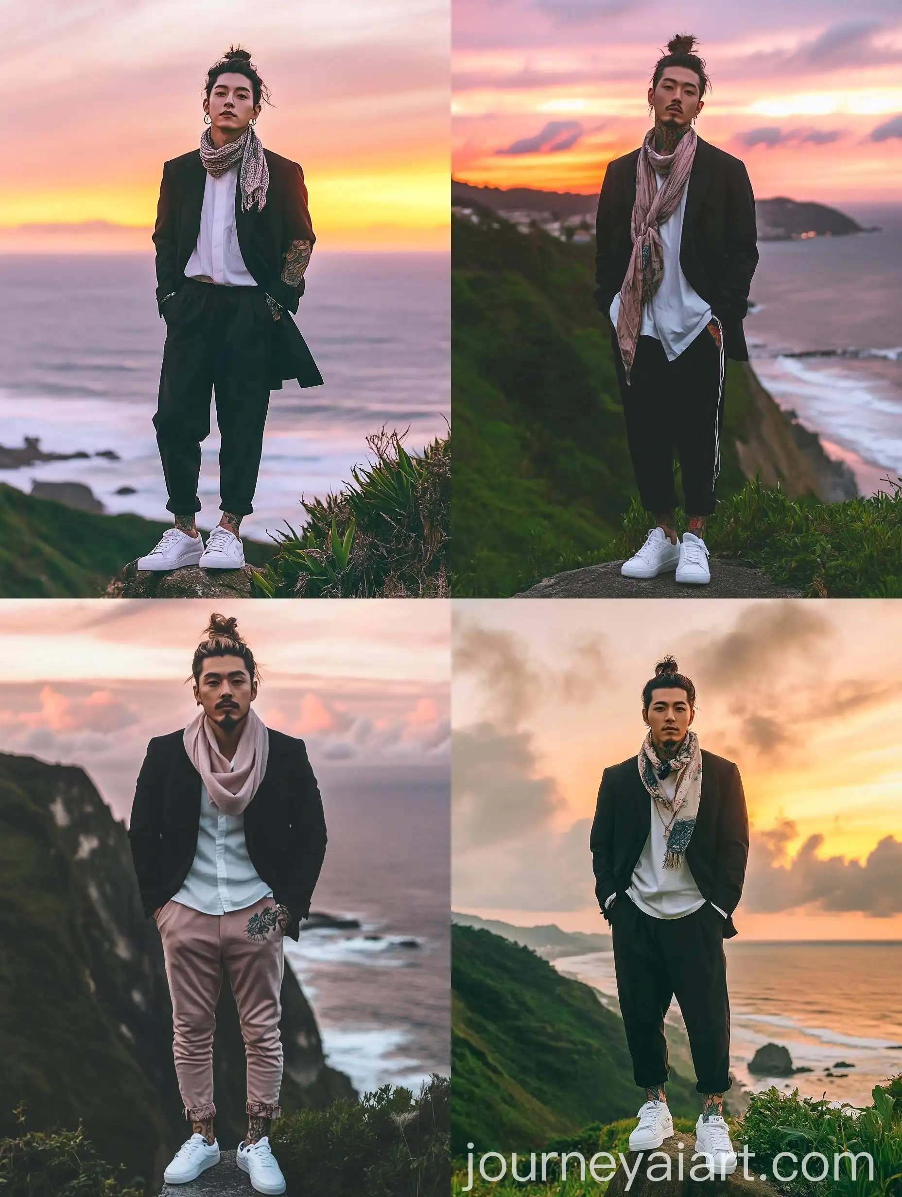 Korean-Man-with-Man-Bun-Hair-and-Tattoos-on-Lush-Green-Cliff-at-Sunset