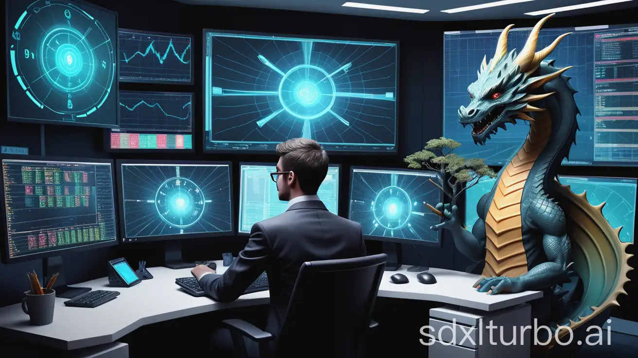 Trader-Anxiously-Preparing-for-a-Position-with-Dragon-Trading-Buddy-and-Spiritual-Elements