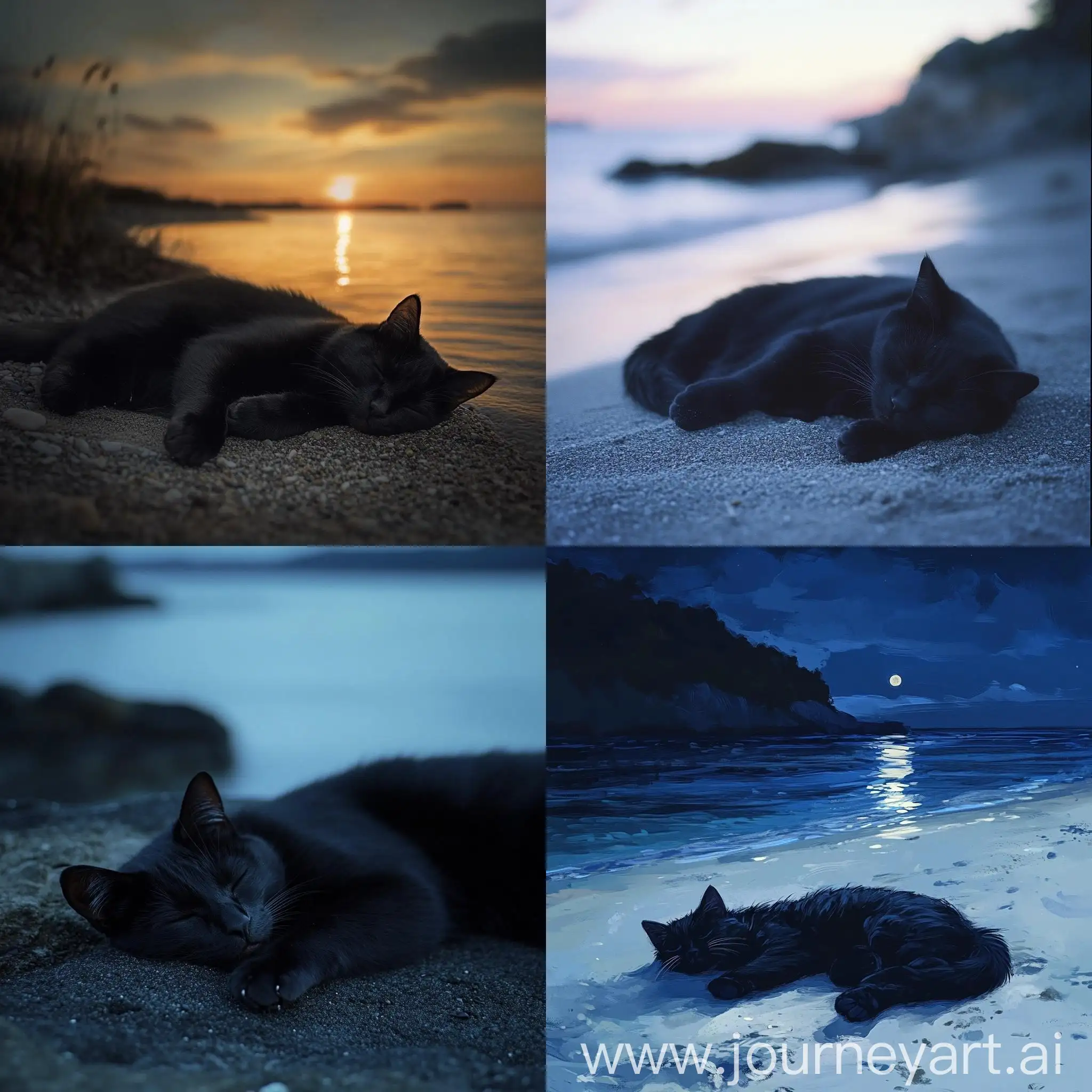 Sleeping-Black-Cat-on-Sea-Shore-at-10-PM