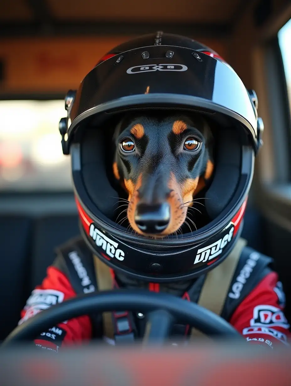 A dachshund dog, he is black, grey with small dappled spots, one eye blue, the other brown, he, the dachsund is the off-road race driver in a full size class 8 unlimited race truck. he is in a race drivers suit and helmet with face shield up exposing his face, he is behind the steering wheel while driving out of the pits, his face is in full view