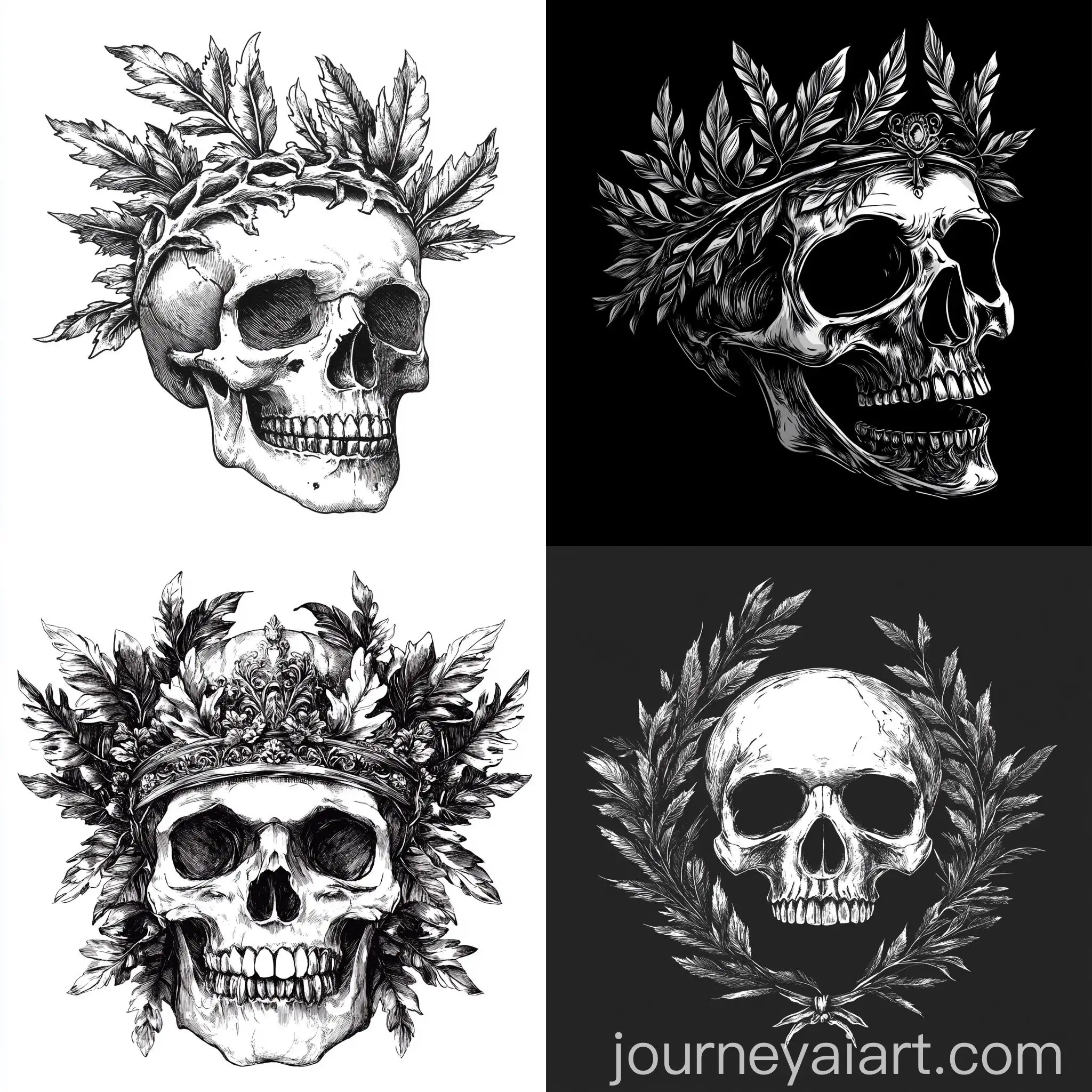 Roman-Empire-Style-Crown-of-Leaves-Inside-Skull-White-and-Black