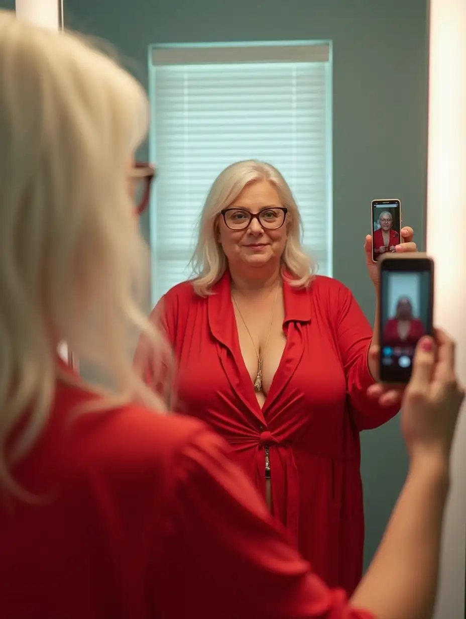 FullBody-Mirror-Selfie-of-60YearOld-Woman-in-Red-Bathrobe-Platinum-Blonde-Hair-and-Glasses