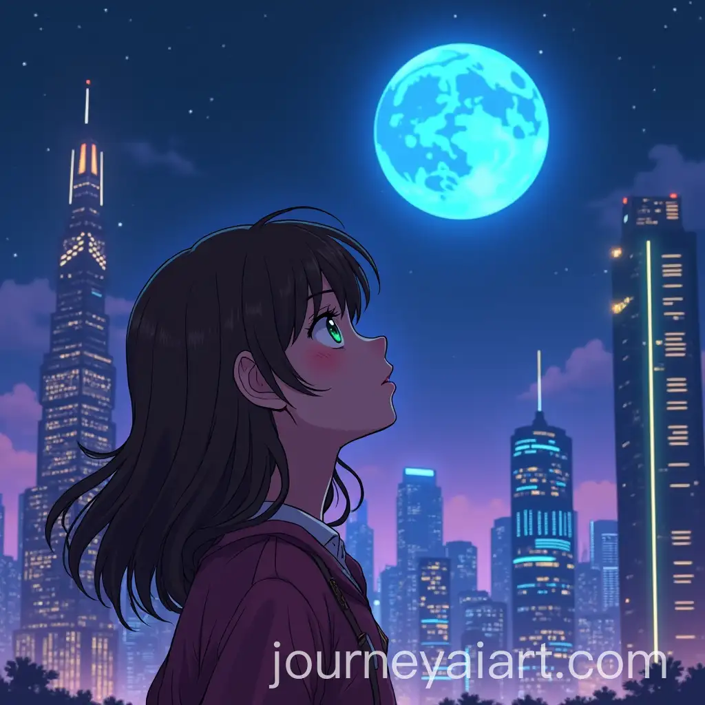 Cyberpunk-Anime-Girl-Gazing-at-Neon-Moon-Amidst-Futuristic-Skyline