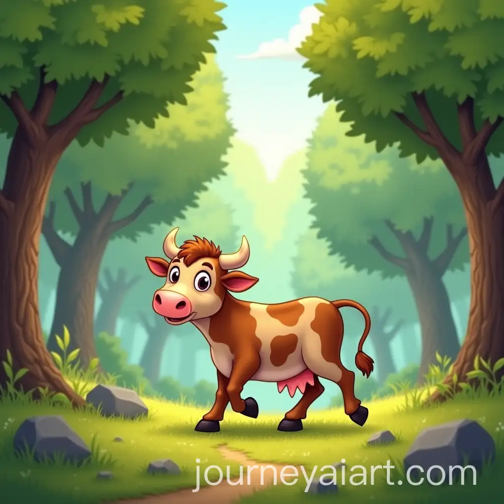 Cartoon-Cow-Wandering-in-a-Lush-Forest