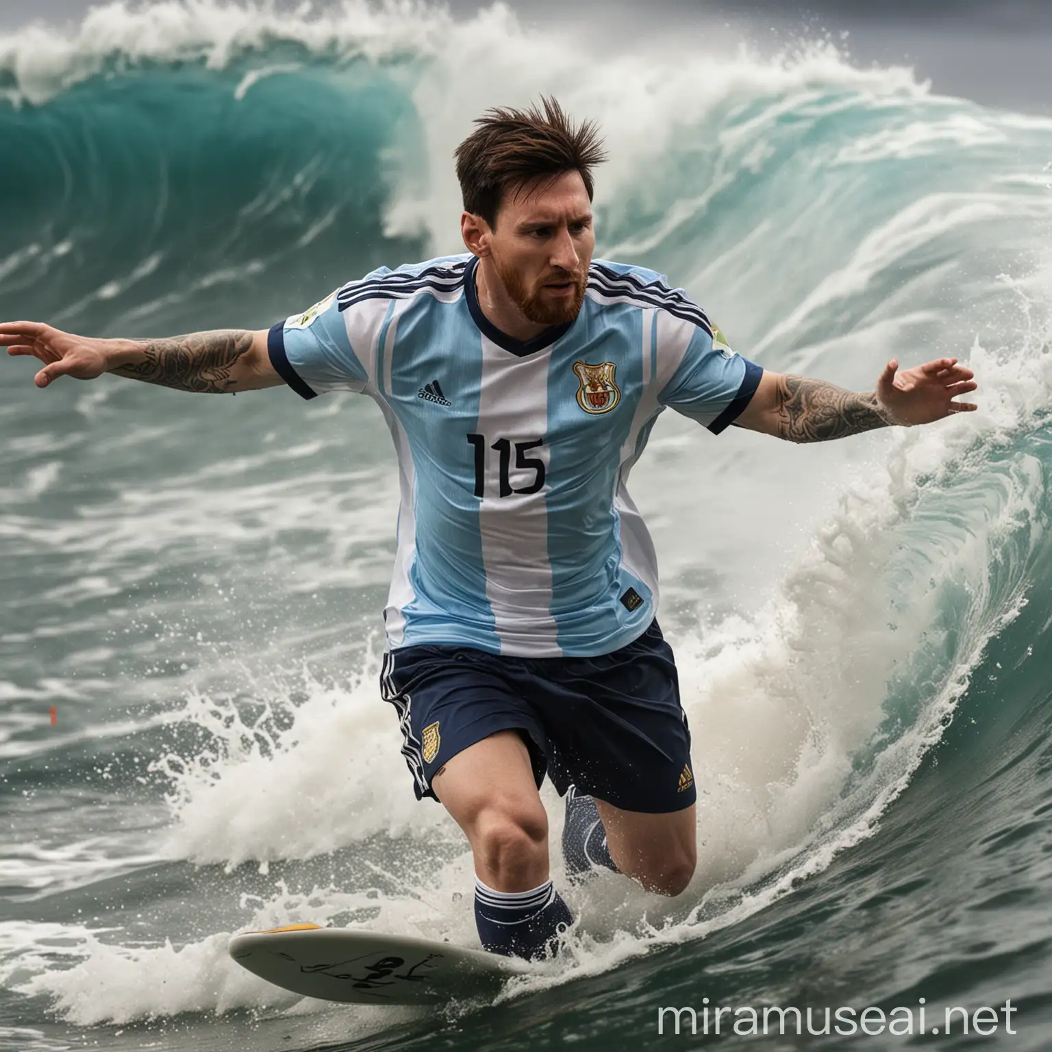 Messi Surfing Wave in Argentina Jersey