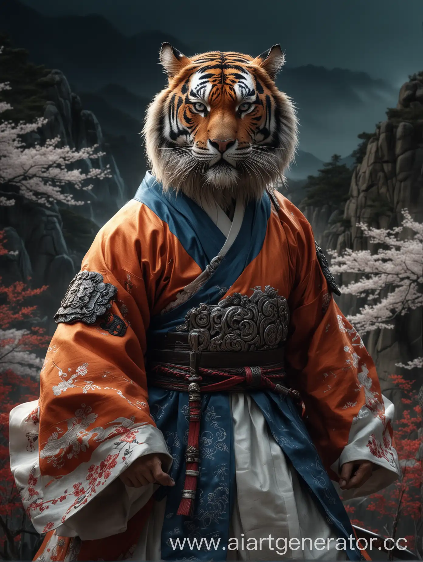 South-Korean-Tiger-Warrior-in-Traditional-Armor-with-Korean-Landscape