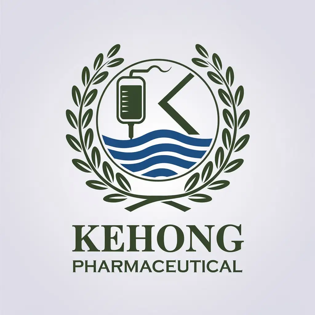 a vector logo design,with the text "Kehong Pharmaceutical", main symbol:Olive branch, ocean, IV bottle,Moderate,be used in Medical Dental industry,clear background