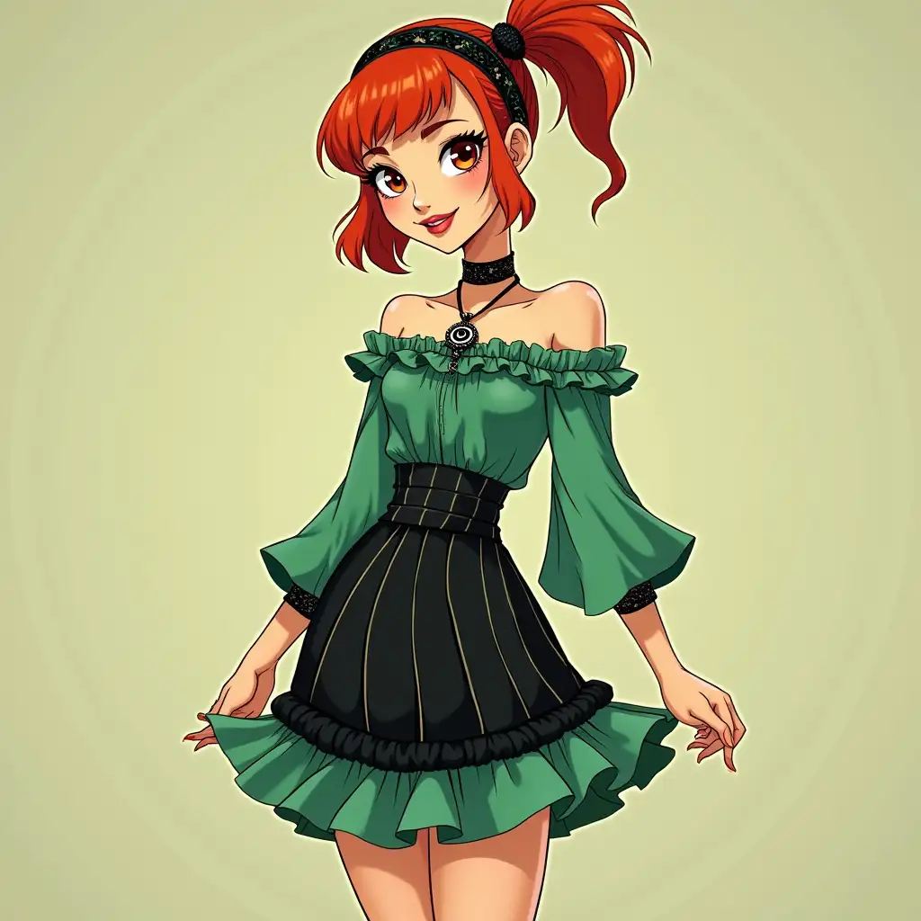 FullLength-Cartoon-Art-of-a-Smiling-Girl-with-Shoujo-Features-and-Stylish-60s-ArtDeco-Outfit