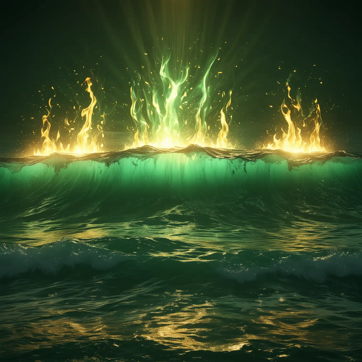 Vibrant Green Ocean with Flames and Golden Light Effects