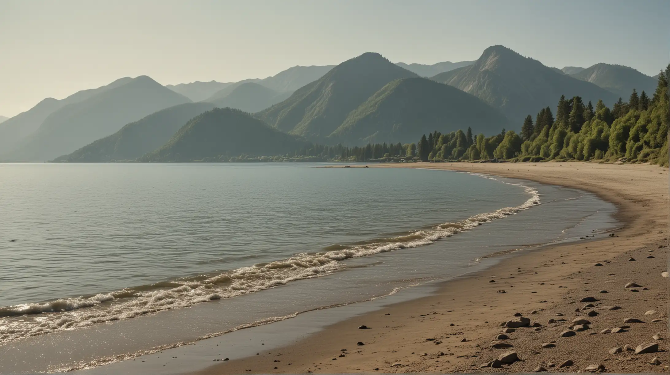 Scenic Lakeside Beach with Distant Mountains and Hills