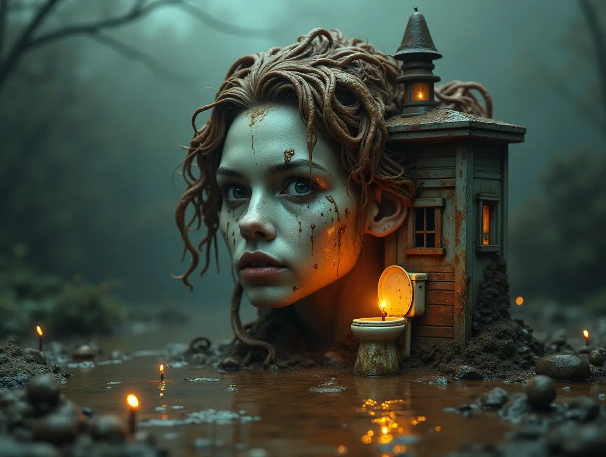 Creating a digital photo of a face with slime hair, that transforms into a building with brown soup and illuminated toilet with rusty iron and a river with floating paint and rusty lanterns and strange ghastly creatures