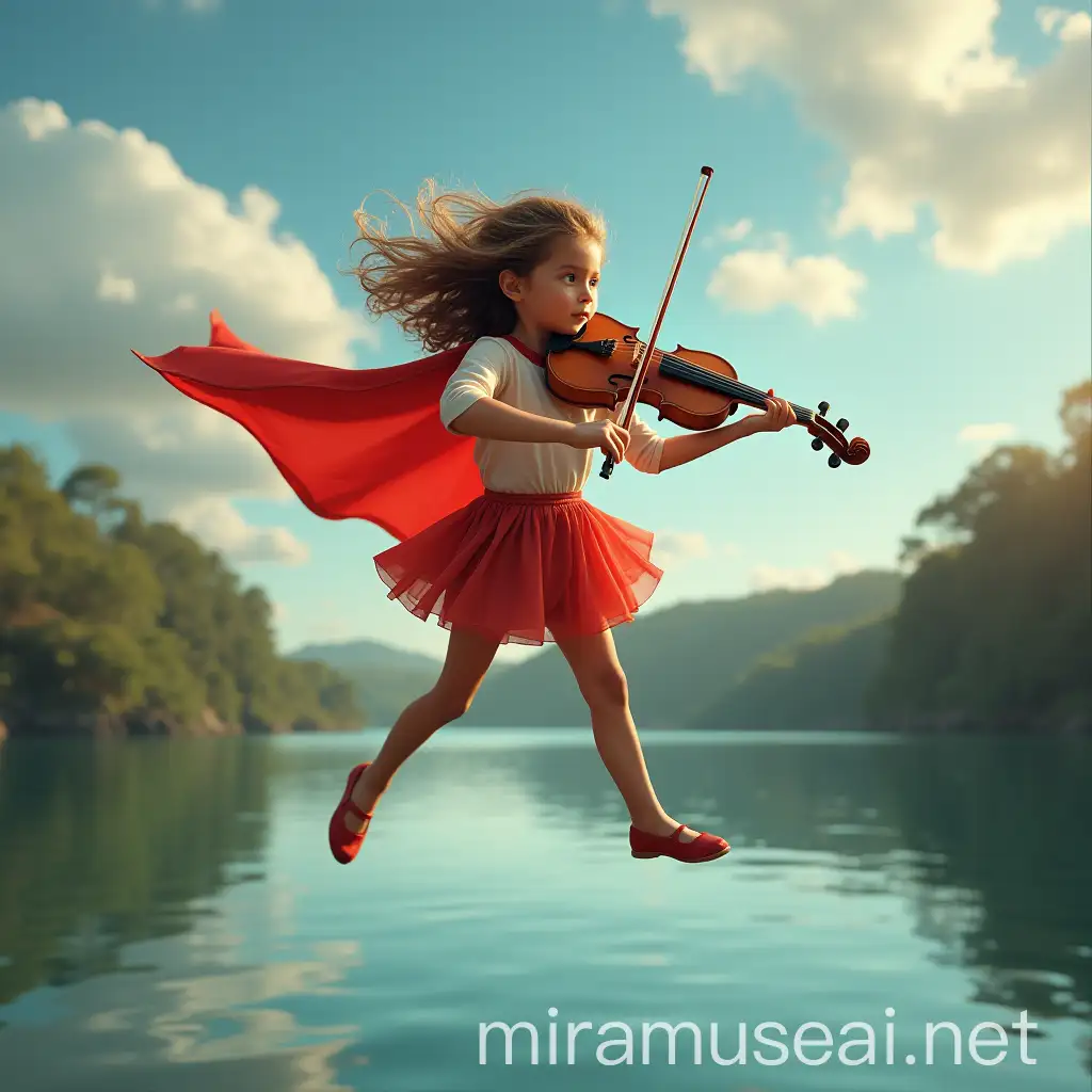 Flying Super Girl with Violin Over Lake