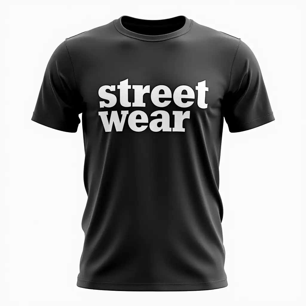 Hyper realistic and photorealistic, mock-up t-shirt with words ' street wear' on front in stylish fashion font.