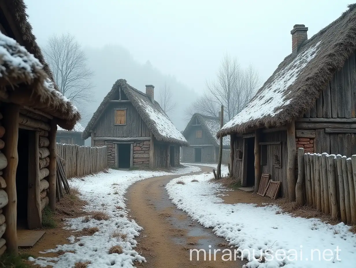 Melancholic Winter Scene of Dilapidated HalfTimbered Farm Houses