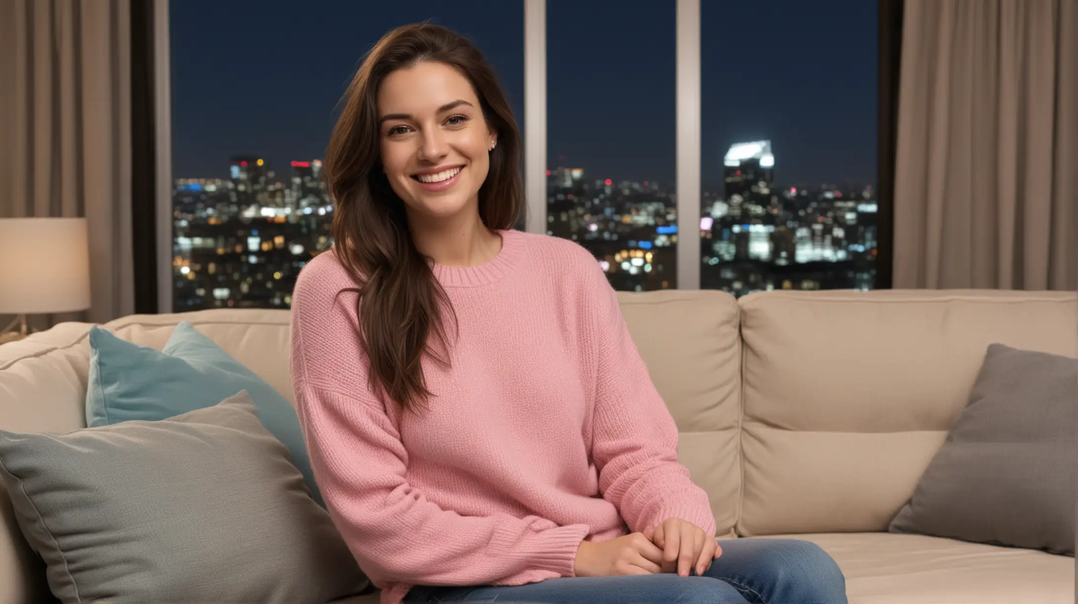 Smiling Woman in Modern High Rise Apartment at Night