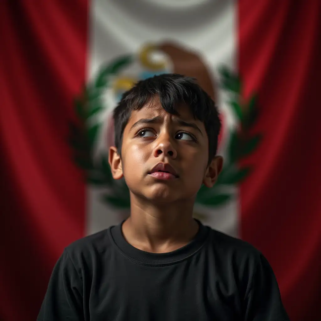 Sad boy crying after his mother was assaulted with the image of the Peruvian flag in the background