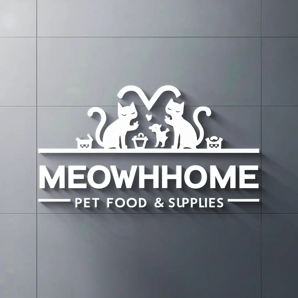 a logo design,with the text "Meowhome", main symbol:pet cats and small dogs, pet food, pet supplies,Moderate,be used in Animals Pets industry,clear background