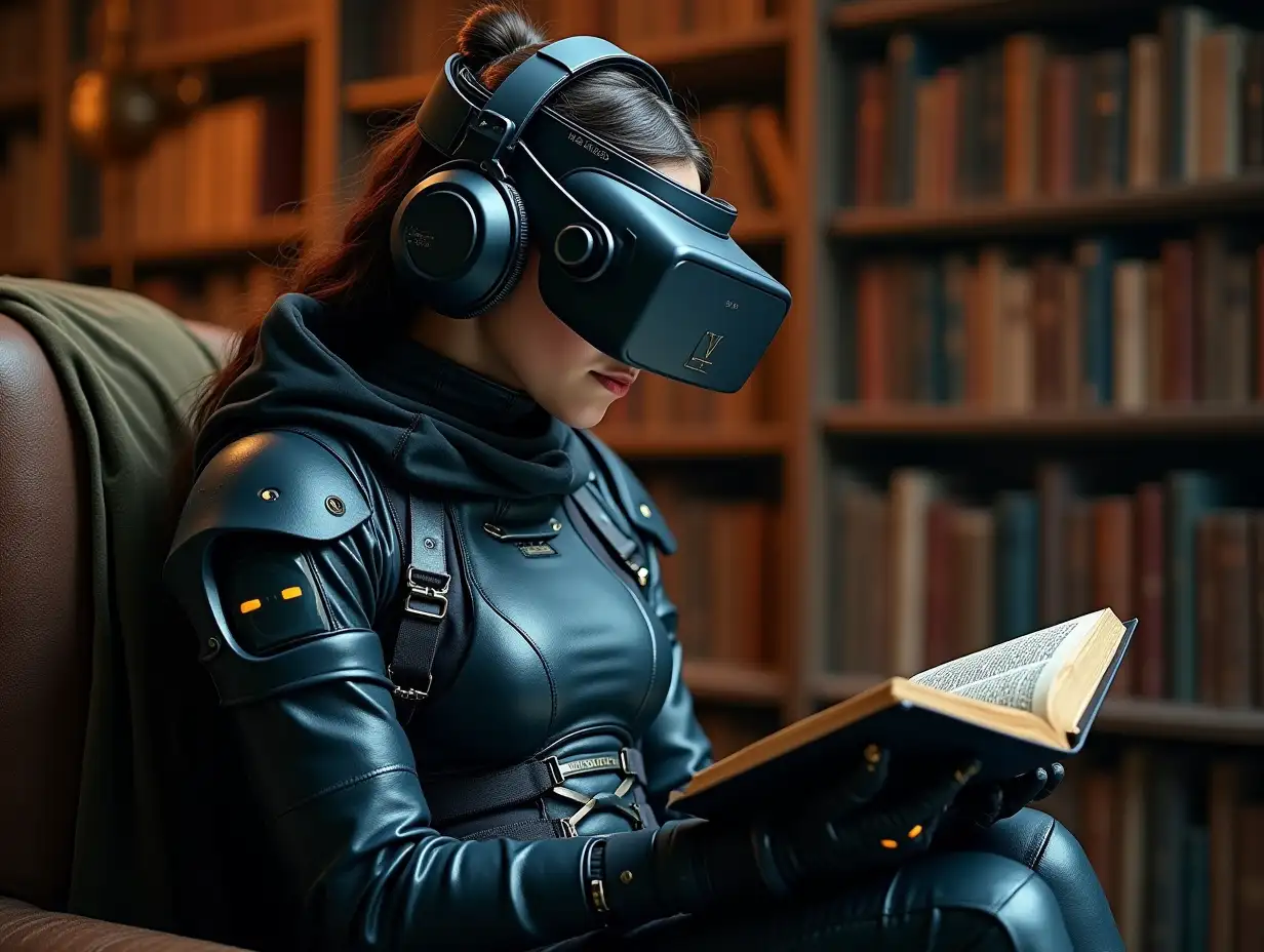 a 17 year old woman from the future overloaded with technologies, vastly covered, sitting in an old-fashioned library, lots of books in background, she is reading an ancient book through vr goggles, head tilted down, wearing high-tech clothes with integrated sensors and glowing lights, helmet with headphones, large ergonomic display on forearm, gloves, incredible wearable hardware