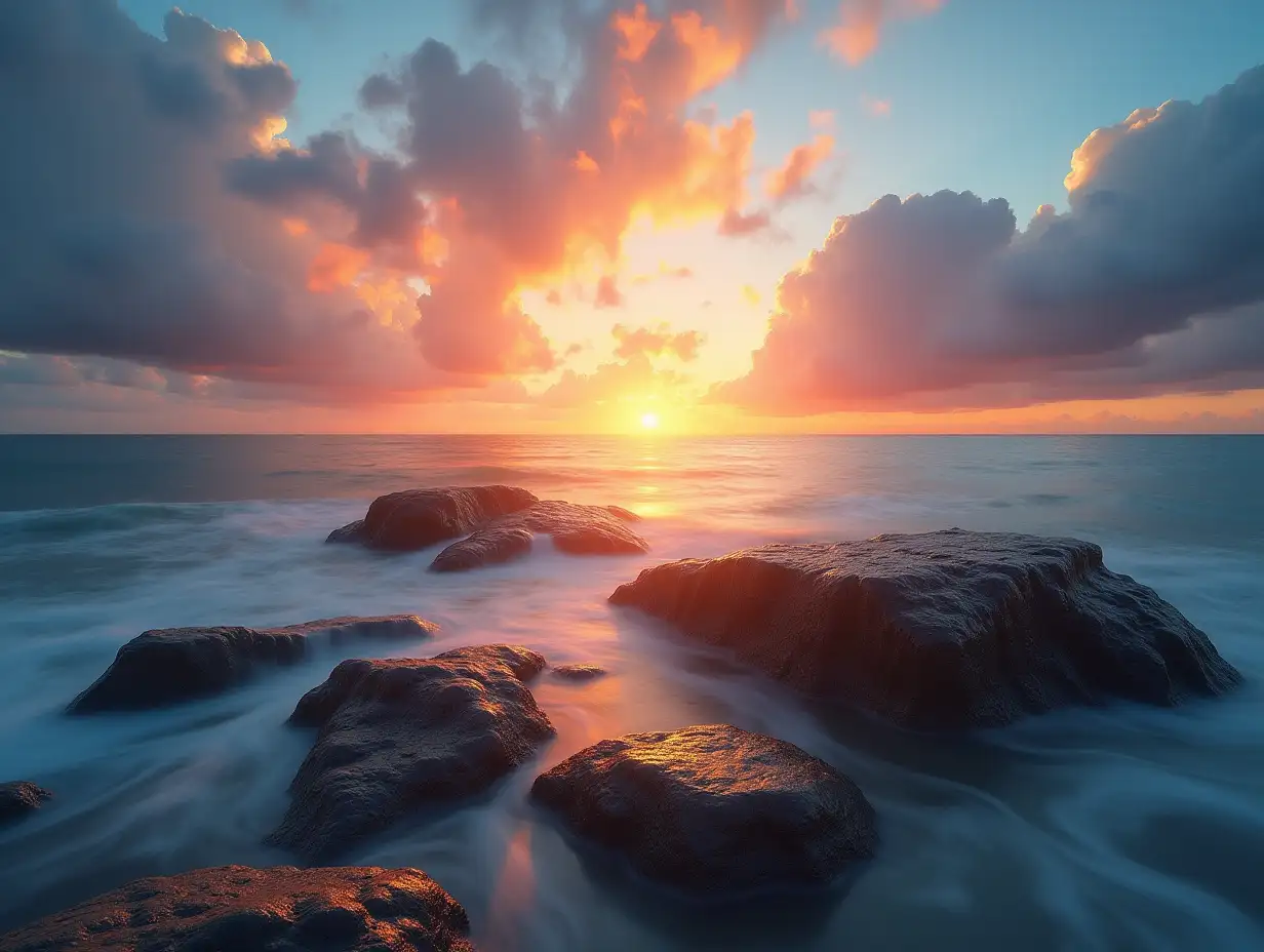 Ocean-Sunset-with-Rocky-Coastline-and-Dramatic-Cloudscape