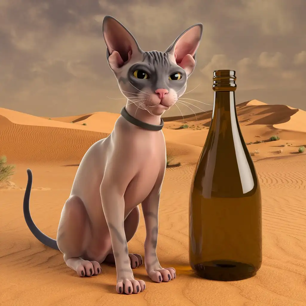 Funny-Sphinx-Cat-Next-to-a-Bottle-in-3D