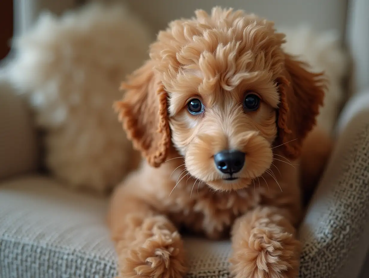 A poodle puppy, 1 on a chair.