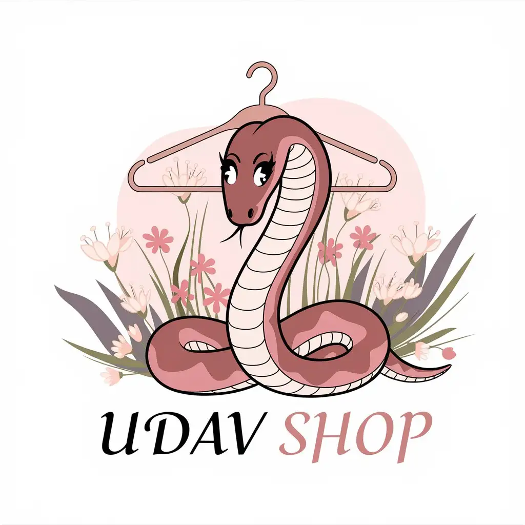 LOGO Design for UDAV Shop Whimsical Snake in Pajamas with Soft Pink and Pastel Floral Theme