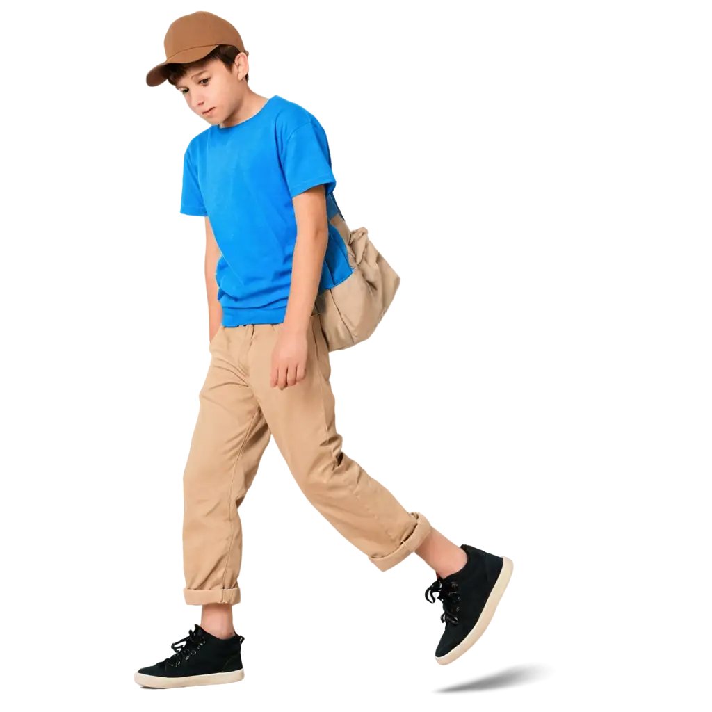 Boy-in-Brown-Cap-Blue-Shirt-Beige-Pants-and-Black-Shoes-PNG-Image-for-Versatile-Use